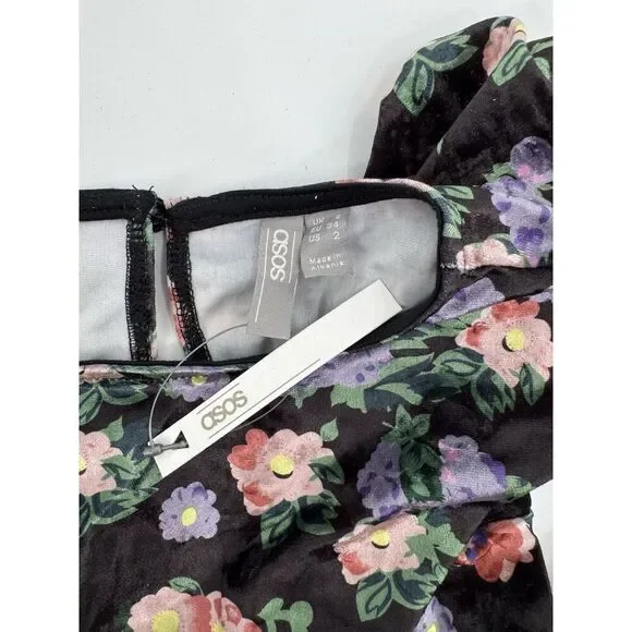 ASOS Maxi Dress Floral Black Velvet Short Sleeve  Keyhole Back Grunge Gown Sz 2 - Picture 10 of 10